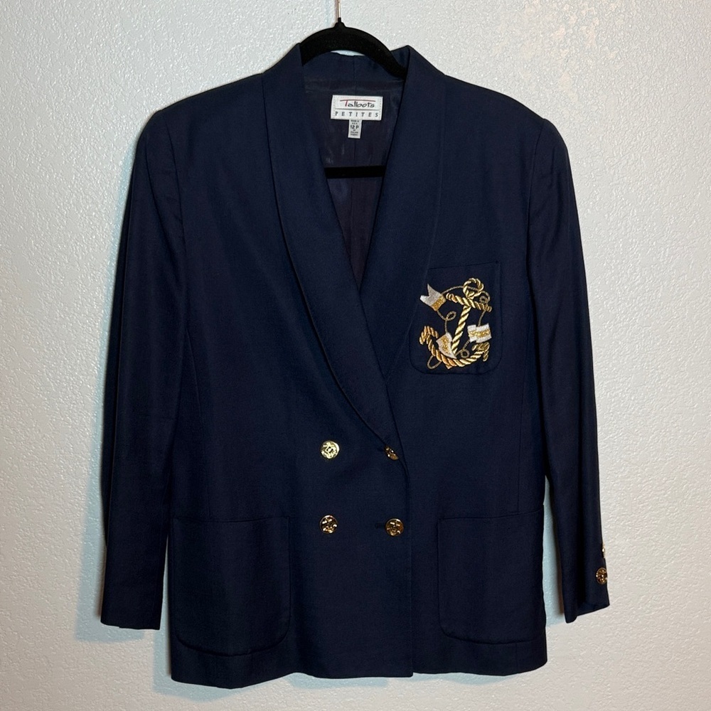 Vintage Talbots Navy Gold Anchor Buttons & Anchor Embroidered Blazer Size 12 P
